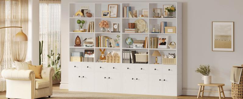 IRONCK 78.7" Bookcase with 4 Drawers and 4 Doors, 6 Tier Large Bookshelf with Storage, Floor Standing Display Storage Shelves, Tall Storage Cabinet for Living Room