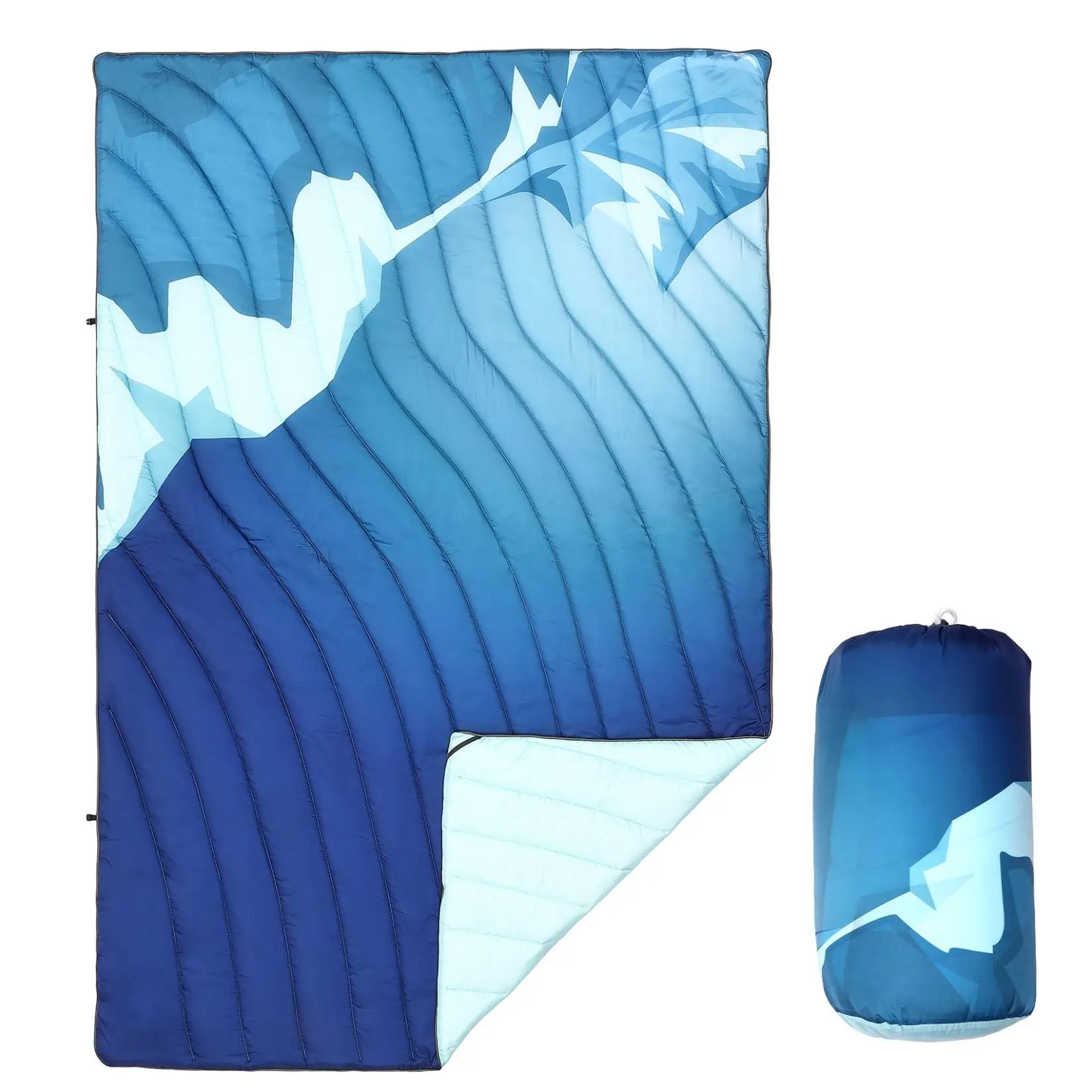 Garvee Waterproof Quilted Camping Blanket, Lightweight Packable Outdoor Throw, Durable Nylon Ideal for Hiking, Picnic Stadium Beach,  Blue Mountain Design