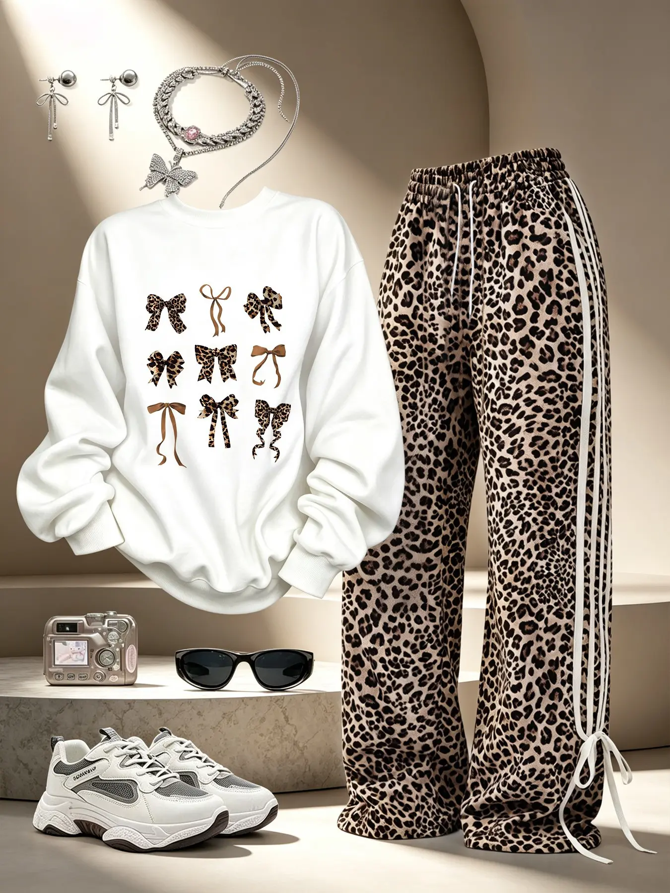 Women's Autumn Winter Casual Set, Leopard Print Bow Round Neck Sweatshirt + Wide Leg Pants, Side Stripe Tie Design, Essential, Outfit