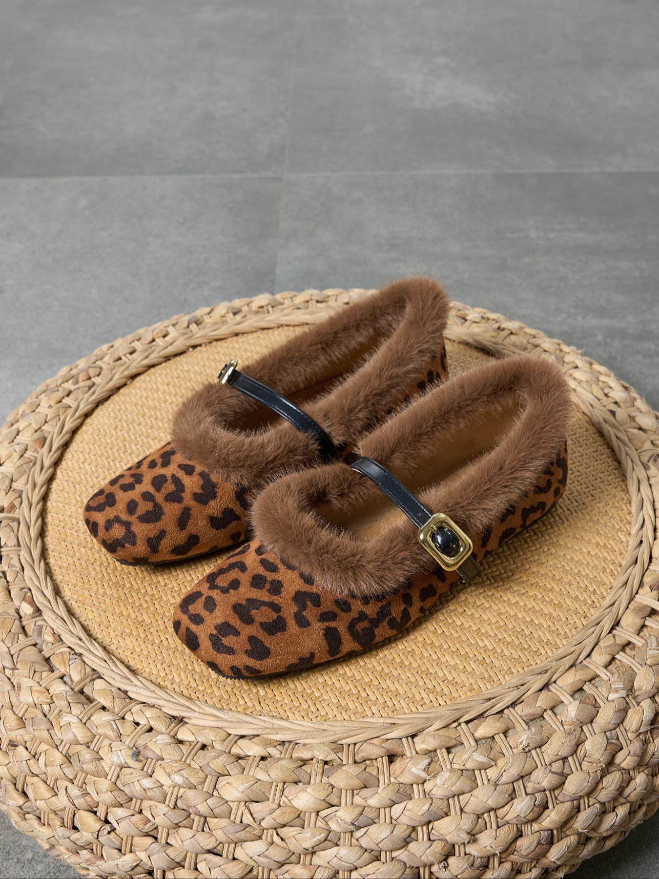 Women's Leopard Print Fur Lined Mary Jane Shoes, Vintage Square Toe Winter Boots, Warm Outdoor Soft Sole Slip-On Flats, Walking Shoes, Footwear