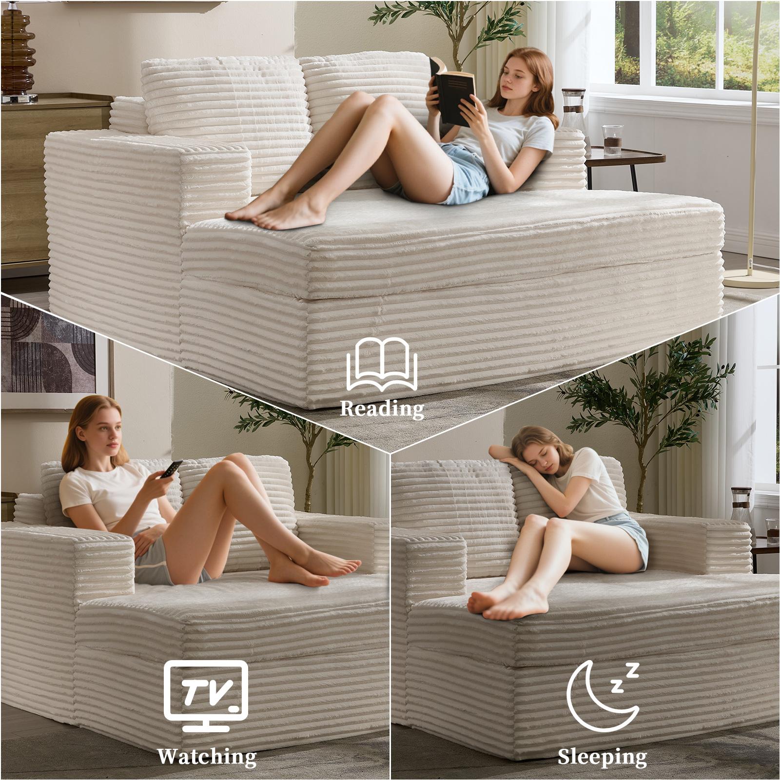 [SpringStatements] Boneless Chaise Lounge, Upholstered Sofa Bed with Throw Pillows and Armrests, No Assembly Required, Indoor Sleeper Chair- Luxurious Plush Corduroy Chair Bed for Living Room