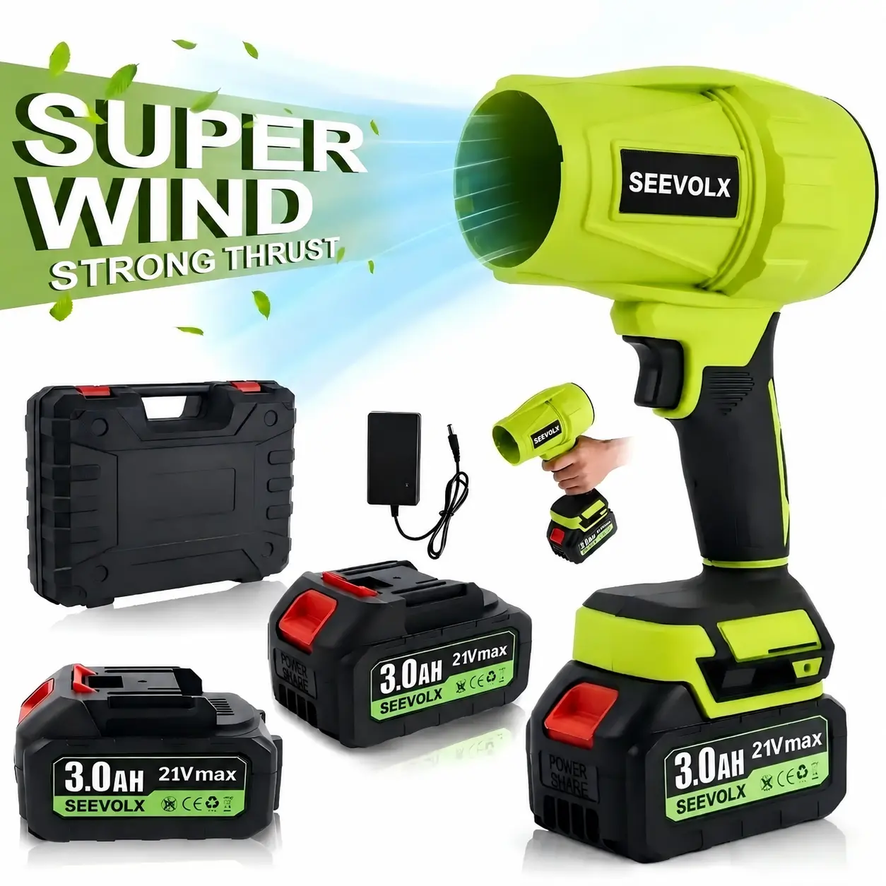 SEEVOLX 21V Max Handheld Cordless Battery Leaf Blower with Brushless Motor, 2 x 3000mAh Batteries, Turbosfan, 1500G Thrust, 21Vmax Motor for Cars, Cordless Freedom, Car Drying, Outdoor Cleaning