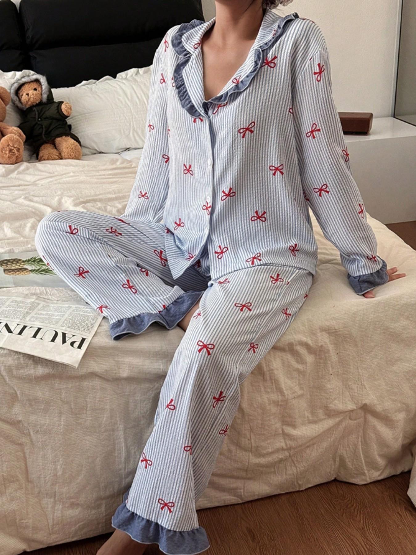 Women's 2-Piece Sleepwear Set Loungewear, Sweet Casual Home Clothes, Long Sleeve Pajamas with Bow Pants, Pocket Design, Striped Pattern, All Seasons