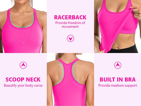 Attraco Ribbed Workout Tank Tops with Built in Bra for Women Tight Racerback Scoop Neck Athletic Top