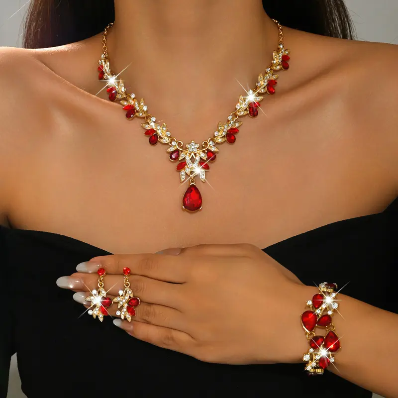 Eco-Friendly Fashion Jewelry Set - Shimmering, Stylish Flowers Crystal Water Drop Bridal Necklace, Earrings & Bracelet, Flowers Jewelry Sets, Shimmering Jewelry Sets
