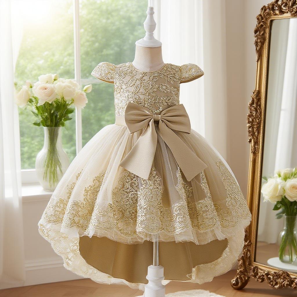 Champagne color dress with floral embroidery train design elegant and beautiful dress suitable for girls birthday party anniversary and prom Frill Trim Dress Birthday Party Dresses