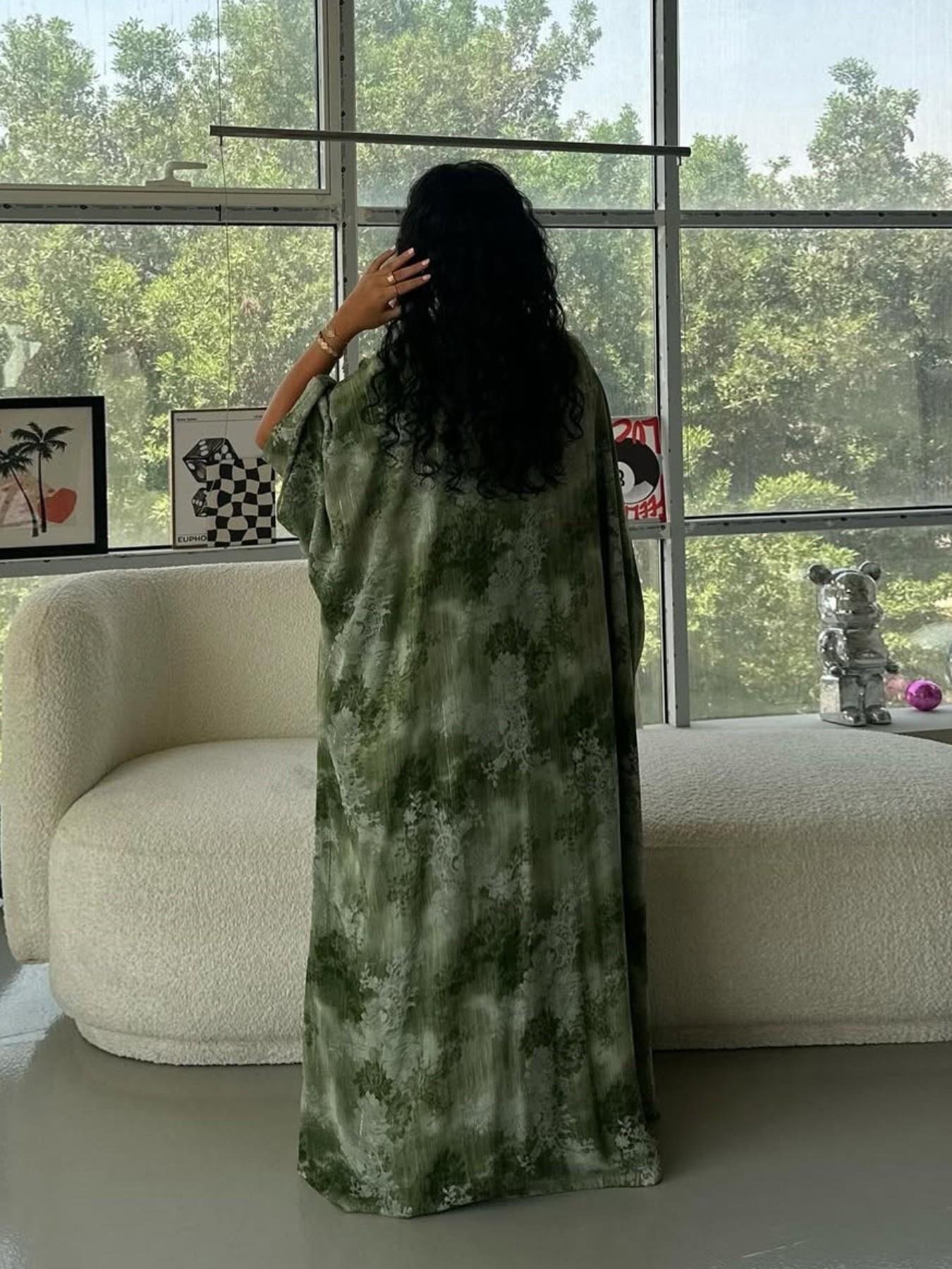 Hafizah Summer New Chiffon Wrinkle Print Flower Cardigan + Headscarf Robe, Fashion Plus Size Women's Outerwear, All Seasons