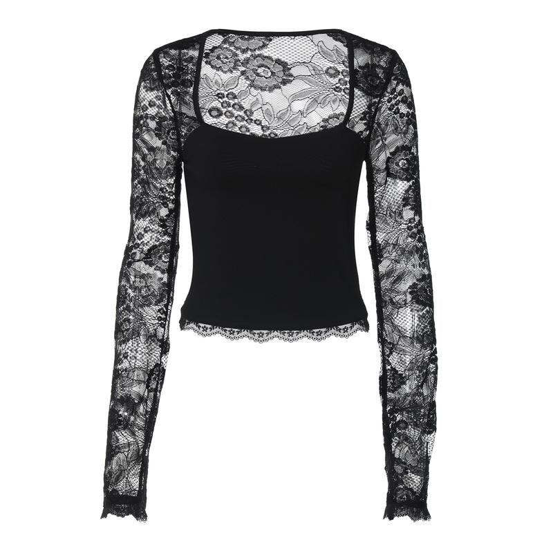 Women's Solid Color Lace Floral Spliced Ruffles Trim Sheer Long Sleeve Tee, Sexy Flower Pattern Designed Slim-fit T-shirt for Party Club Holiday, Ladies Summer Clothes, Top