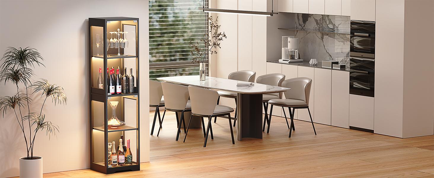 MIIFUNY Display Cabinet with Glass Doors, 4-Tier Display Case with 3 Color Lights for Collectibles, Display Shelves with Human Body Sensor, Black