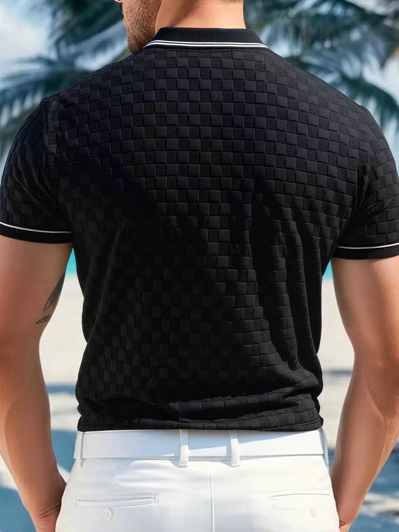 Men's Spring New Fashion Checkered Polo Shirt, Colorblock Design, Daily Commute Wear, 100% Polyester Fiber, Durable Fabric