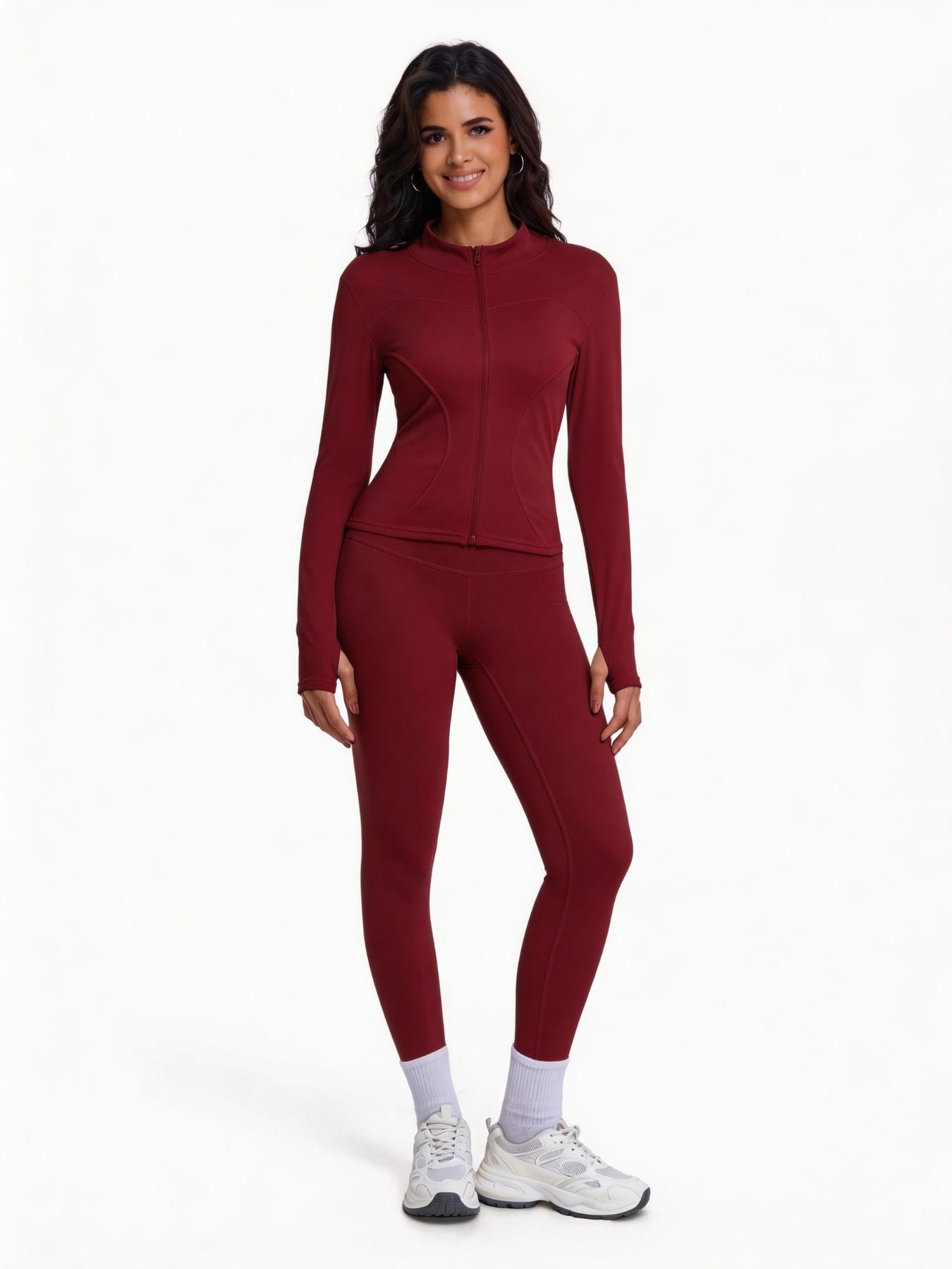 Women's Two-Piece Sport Set, Long Sleeve Zipper Yoga Jacket & High-Waist Tight Pants, Slim Fit, Fall Winter, Gym Running Fitness