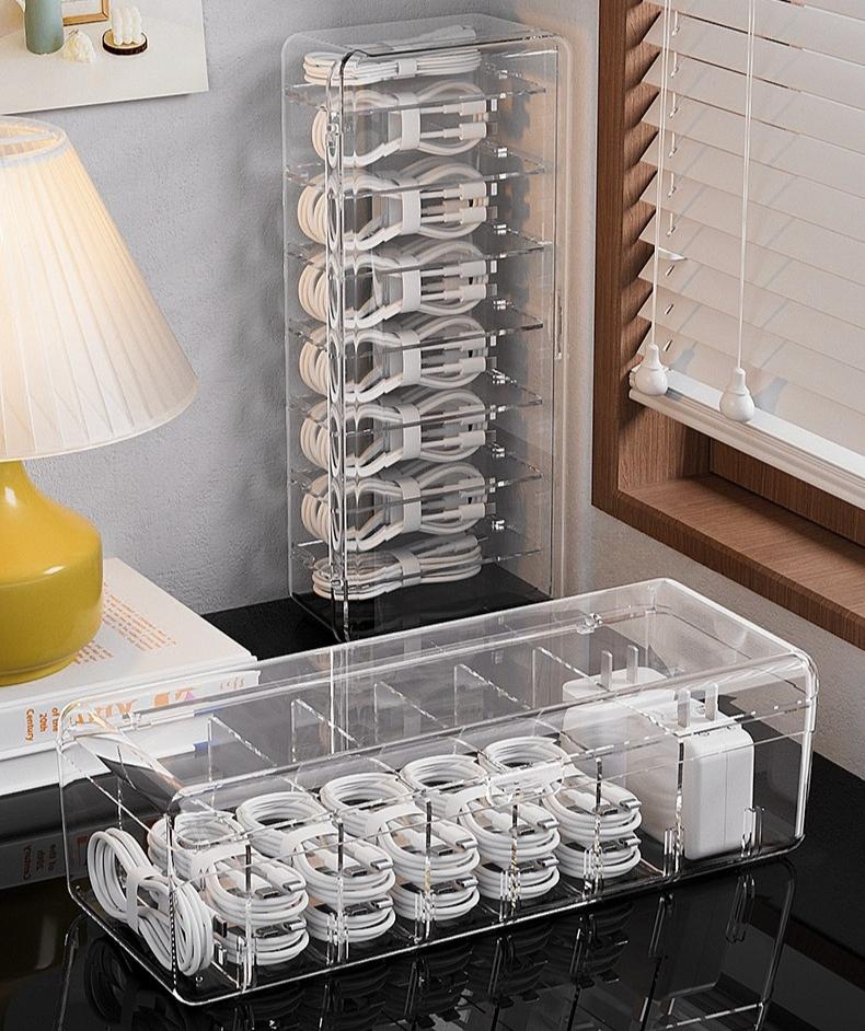 Clear Plastic Cable Organizer Boxes Desk Accessories Storage Case for Drawer, Office Supply, Electronic Management
