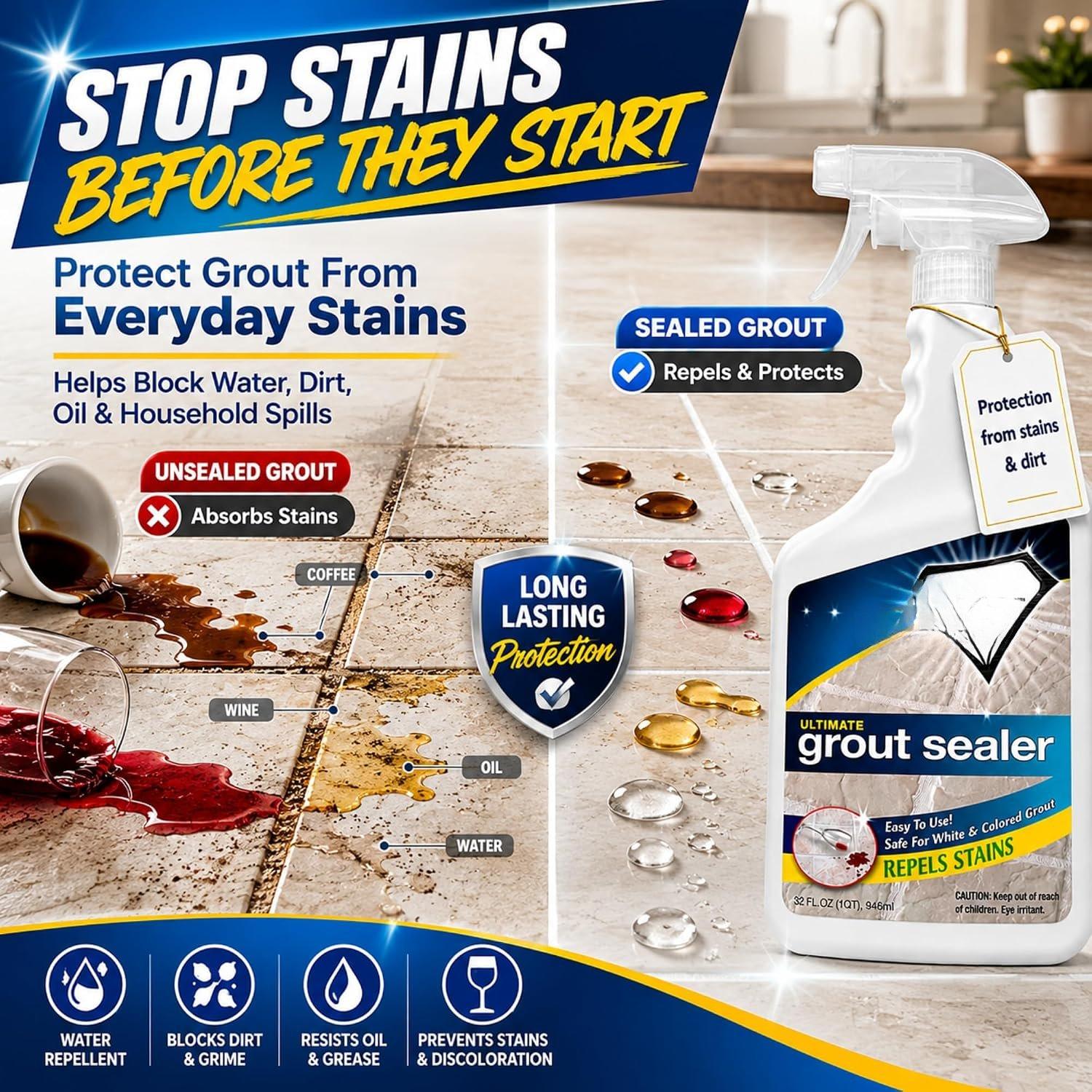 Professional Strength Grout Sealer for Tile Sealing, Stone Grout, Showers & Floors, Stain Repellent, Easy-Clean, Low Odor Contractor Grade, Quart Size