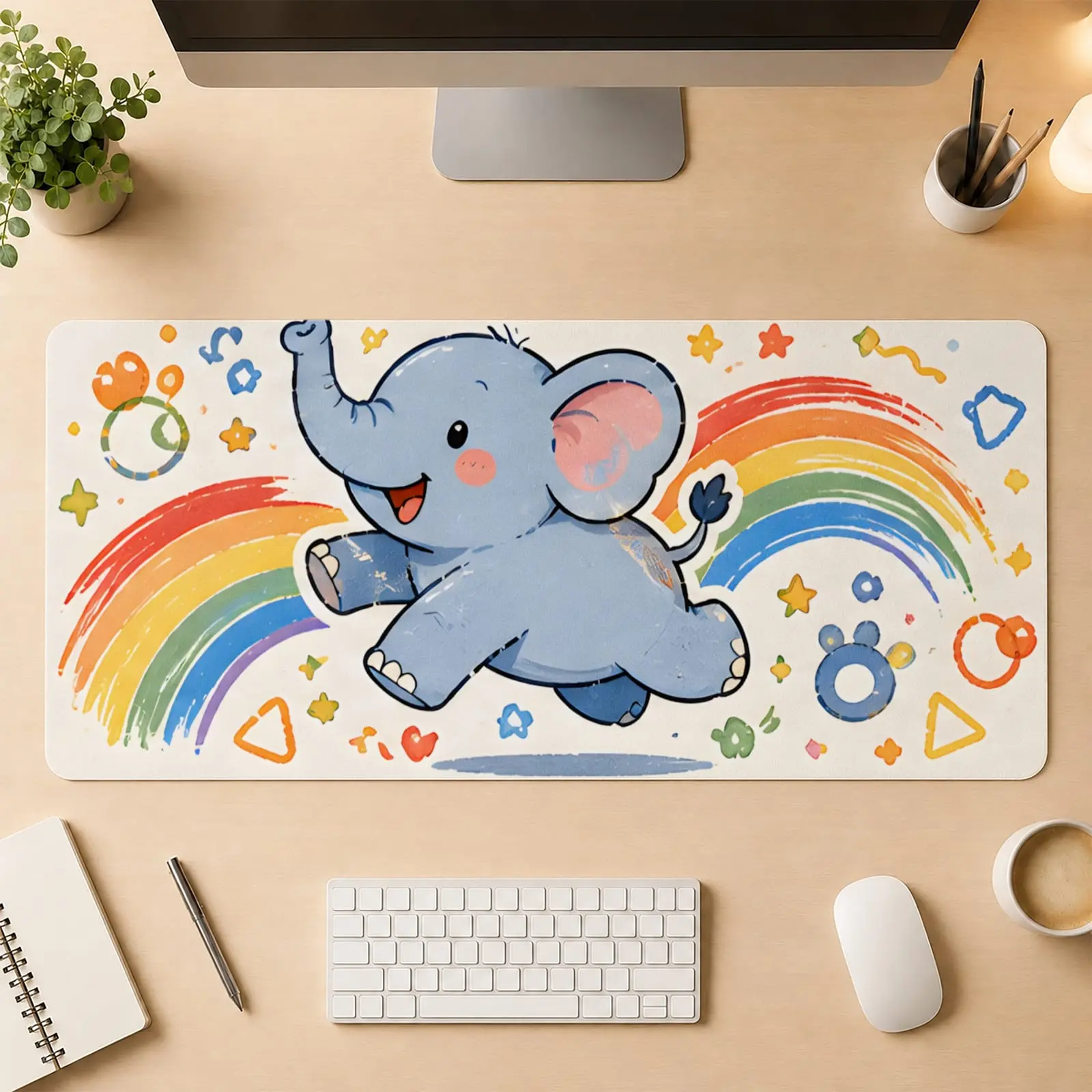 A table mat, cute blue elephant rainbow pattern, non-slip base, suitable for study desks, office desks, keyboard and mouse accessories, computer desk accessories, gaming accessories, computer accessories