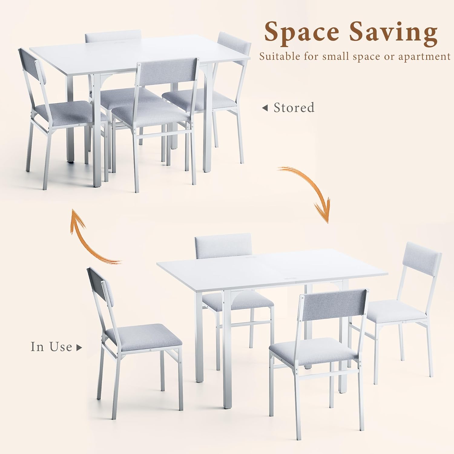 Dining Table Set for 4, Extendable Kitchen Table Cushion Chairs Set of 4, Rectangle Dining Table with Metal Frame & MDF Board, Folding for Small Apartment Saving Space, White