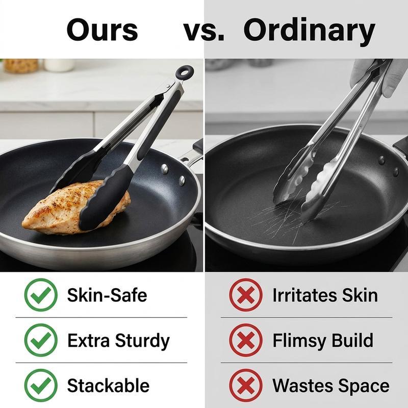 Stainless Steel Silicone Food Tongs for Kitchen, Heatproof and Non-Slip Cooking Utensils Suitable for Non-Stick Pans and Barbecue Tools