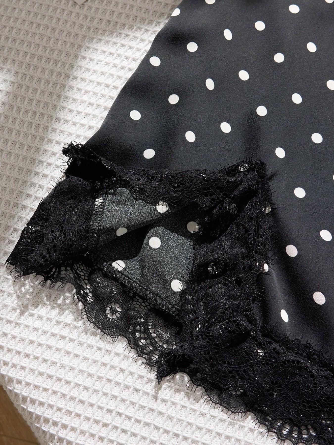 Polka Dot Satin Lace High Waist A-Line Mini Skirt, Elegant Vintage Smooth Casual Flowy Short Dress for Women
