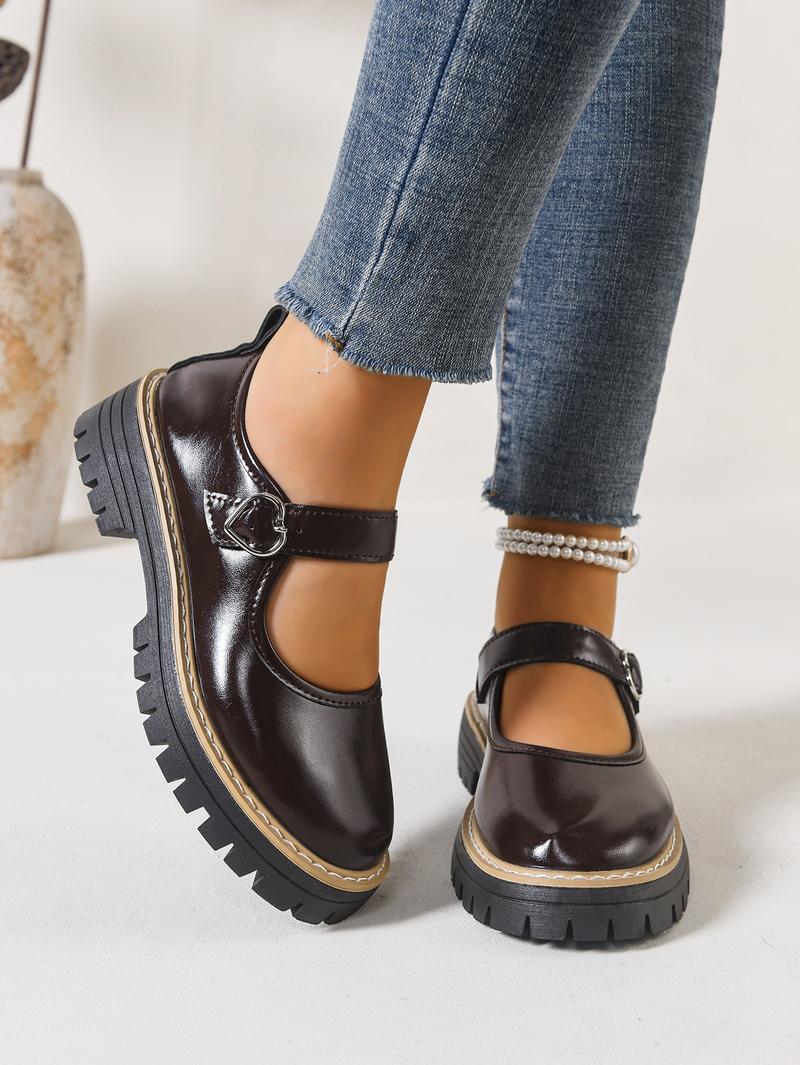 Women's Shiny Heart Buckle Loafers with Thick Sole, Stylish Casual Round Toe Shoes for All Seasons, British Style Elegant Flats, Mary Janes