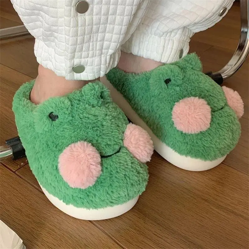 Winter Cute Fun Little Frog Warm Plush Slippers Home Kawaii Parent-child Non-slip Slippers Couple Living Room Warm Shoes