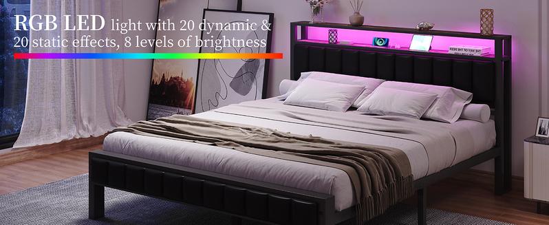 VanAcc Metal Bed Frame with  2-Tier Faux Leather Storage Headboard, Modern Platform Bed with Charging Station and LED Lights, No Box Spring Needed