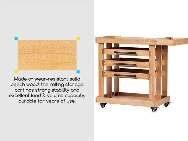 MEEDEN Art Supply Storage Cart, 5 Tier Solid Beech Wood Utility Rolling Cart with 3 Drawers, Craft Orgnizer on 4 Wheels