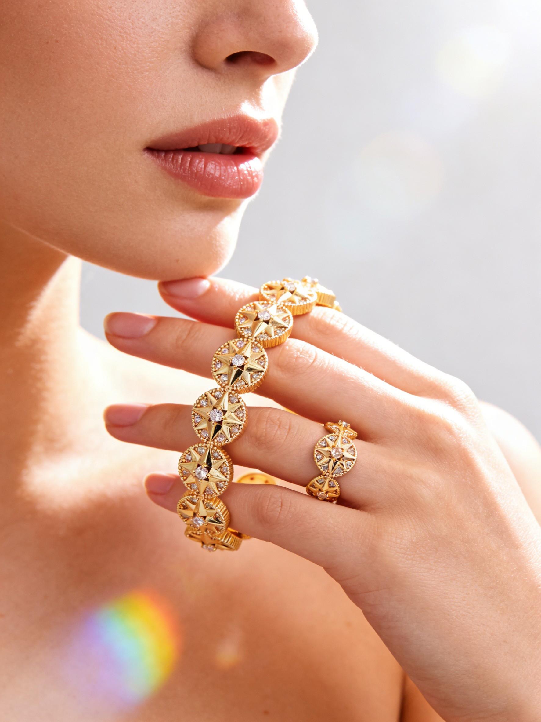 Bangle & Ring Set for Women, Luxury Starburst Cubic Zirconia Open Cuff Bracelet, Gold/Silver 2 Colors Optional, Elegant Jewelry for Office, Commute, Party & Prom