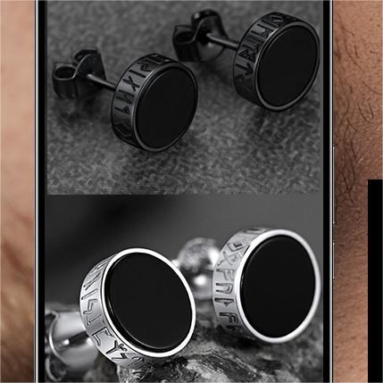 FaithHeart Black Onyx Stud Earrings with Viking Runes For Men Women