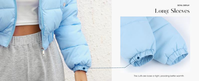 SHEEN Women's Winter Cropped Puffer Jacket Warm Full Zip Quilted Jacket Long Sleeve Padded Coats Stand Collar Outerwear