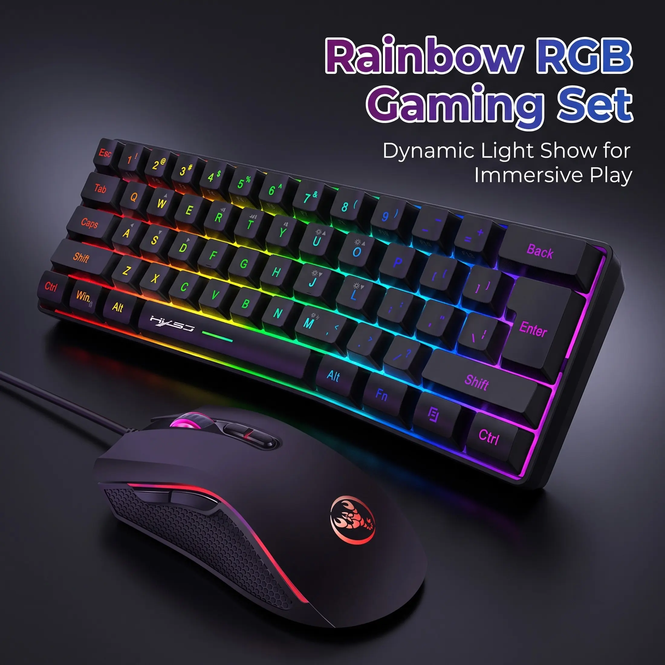 Gaming Keyboard & Mouse Combo - 61 Keys, Compact RGB Wired Keyboard Mouse, Ergonomic Design for PS4, Xbox, PC, Laptop, Mac, Mini, Keyboard and mouse, Keyboard Mouse Set