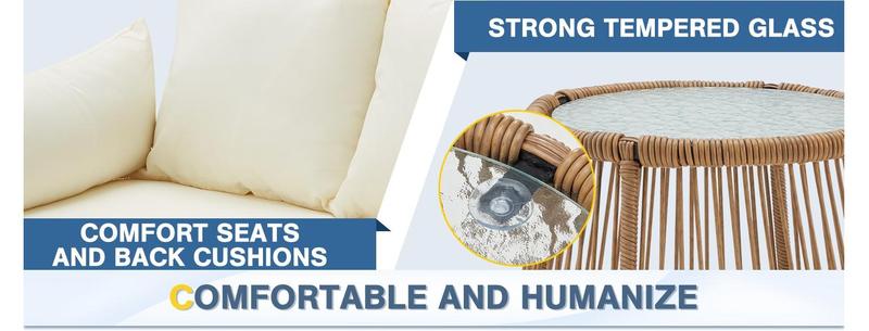 Patio Conversation Bistro Set, Outdoor All-Weather Wicker balcony Furniture with Tempered Glass Top Table Wide Ergonomic Armchairs, Seat Cushions for Porch, Backyard