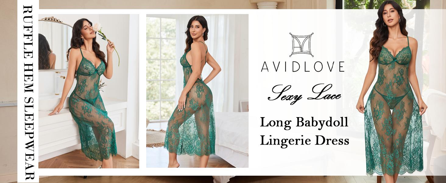 Avidlove Women Lingerie Floral Lace Halter Lingerie Dress With Thong Nightdress Nightgown for Women