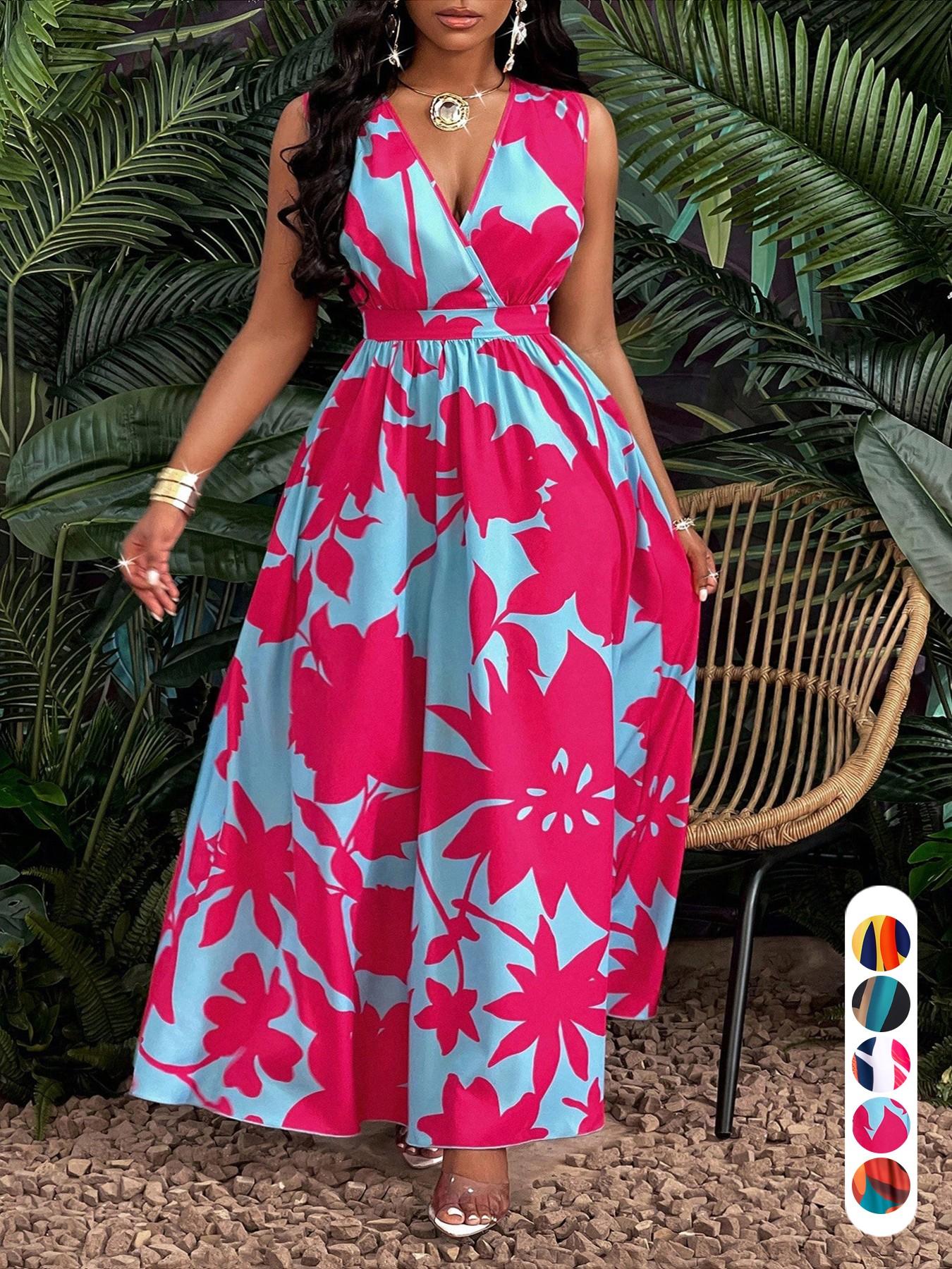 Plus Size Women's Elegant Casual Boho Chic Summer Plant Print V-Neck Sleeveless High Waist A-Line Dress for Leisure, Vacation & Outdoor loose fit fashion forward special occasion oversized