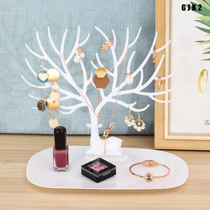Deer Antler Tree Shaped Jewelry Display Holder, Durable Plastic Earring Necklace Ring Bracelet Organizer Stand with Storage Tray, Cute Tabletop Jewelry Storage Rack for Bedroom Vanity Dresser Home Decor Birthday Holiday Gift