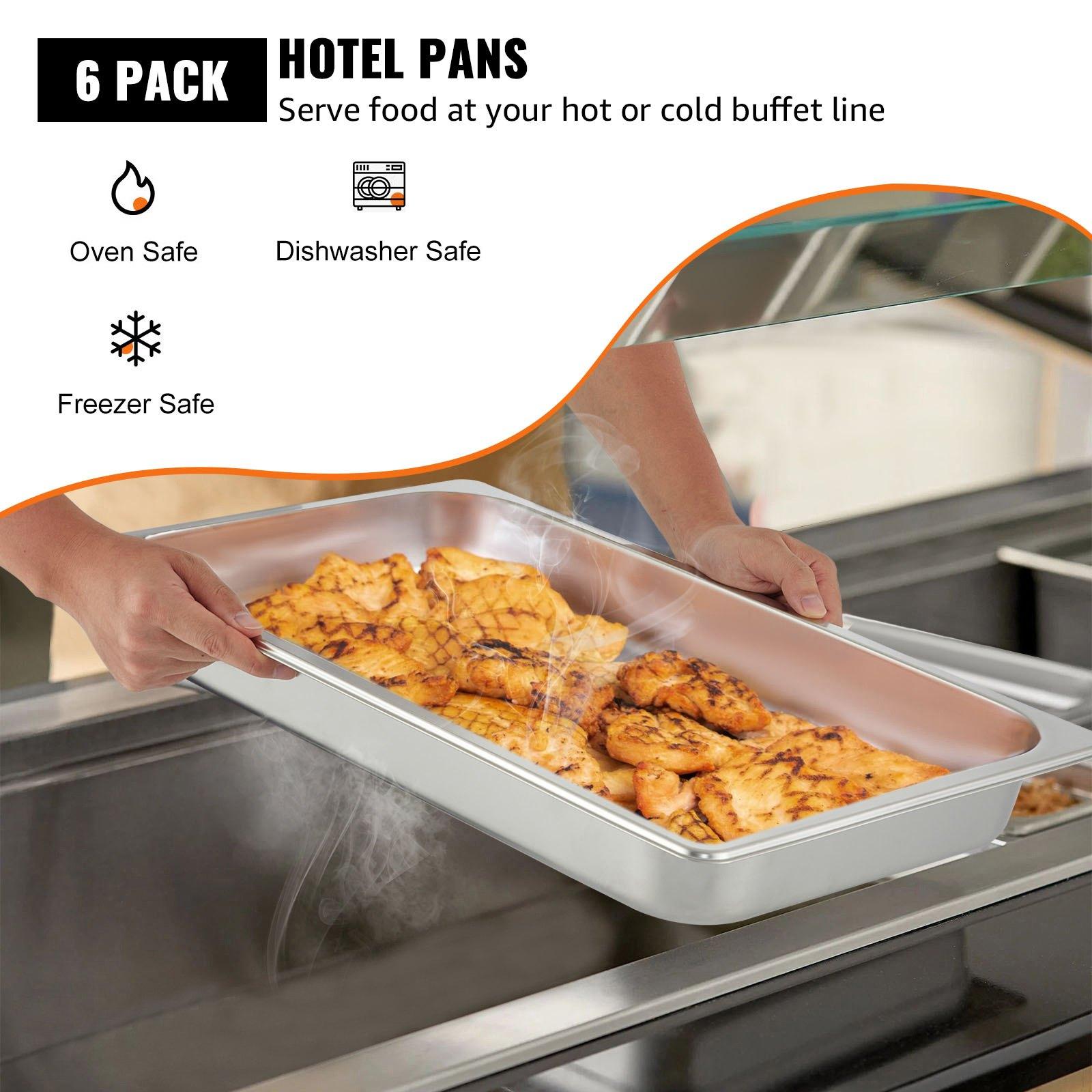 VEVOR 6 Pack Steam Table Pans 20.9x 12.8x 2.6 Inch Deep Steam Table Pan Full Size 8.5L Deep Food Container Stainless Steel Oven Tray Hotel Pans Anti-Jam Steam Table Food Pan