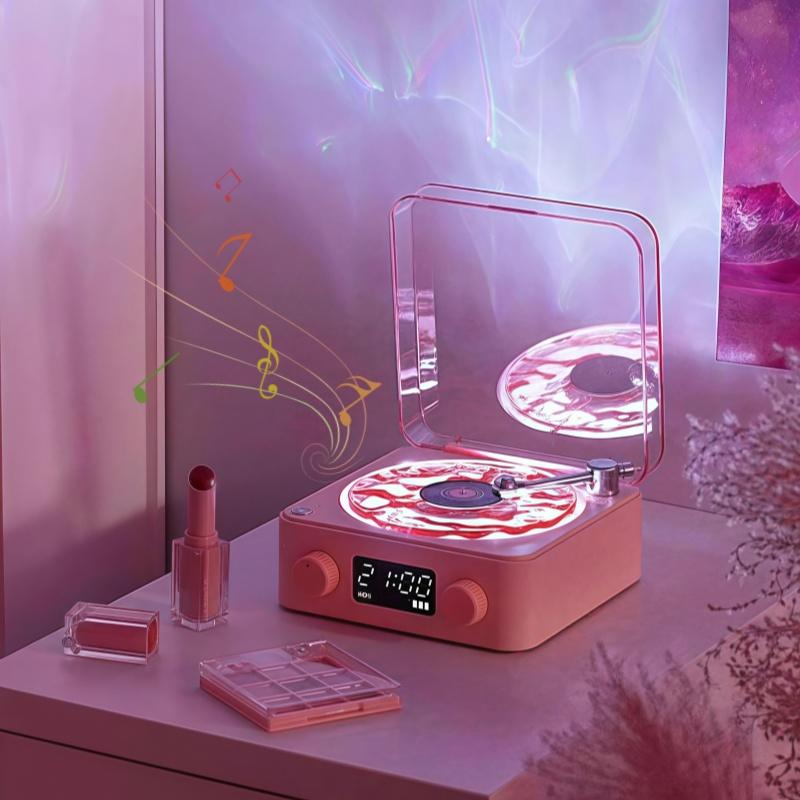 Wireless Retro Bluetooth-compatible Speaker, Rechargeable Vinyl Record Player with Alarm Clock & Ambient Light, Multifunctional Desktop Speaker for Home Office