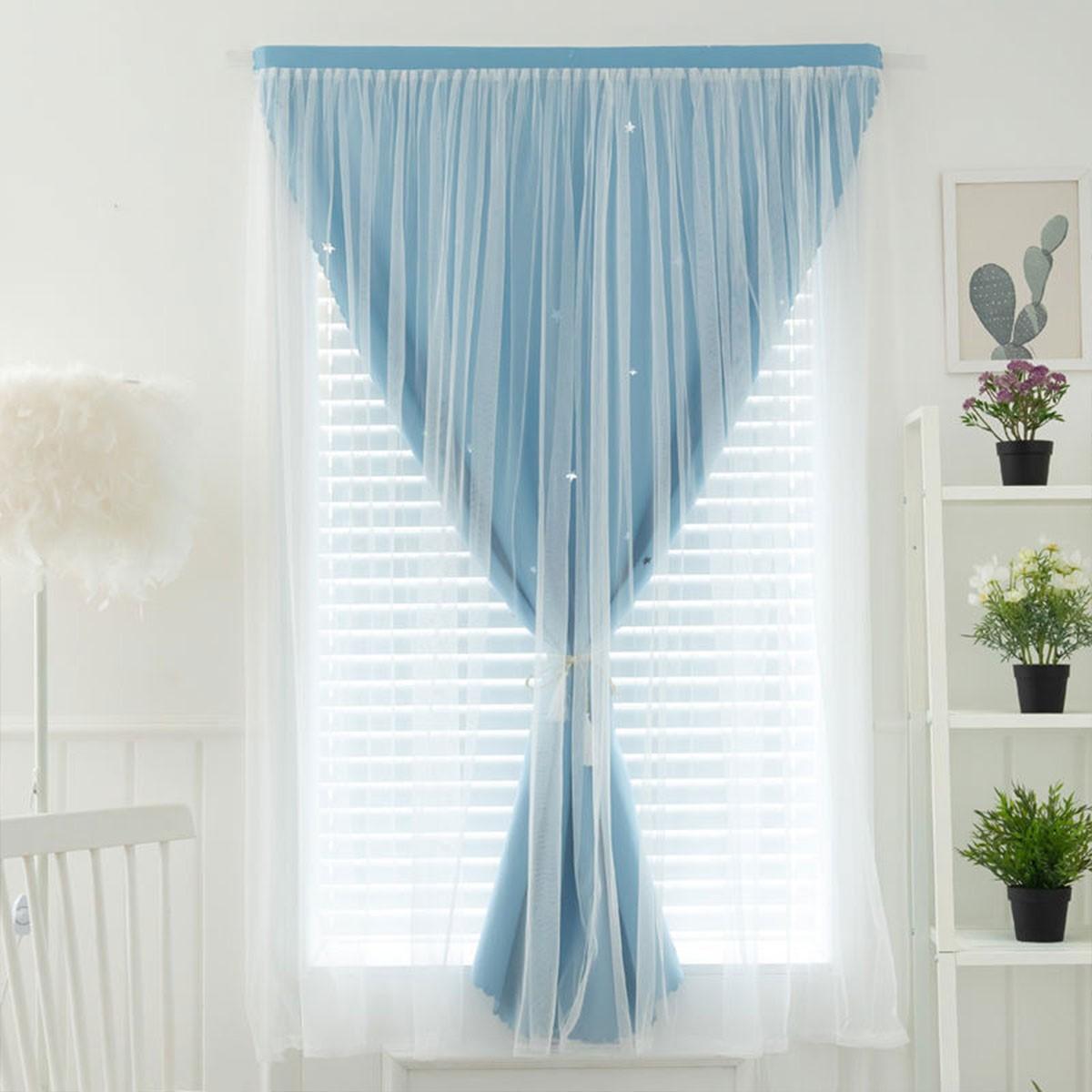 Starry Two-Layer Curtains, No-Drill Bedroom Girl Style Light Blocking Drapes, Balcony Window Windproof Sheer Curtain with Magic Tape