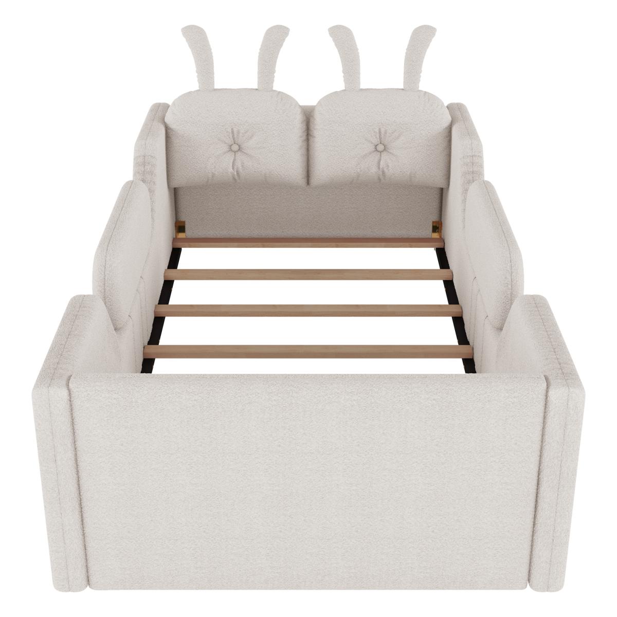 Twin Size Upholstered Floor Bed with 21-Inch Guardrails, Detachable Side Rails & Rabbit-Shaped Cushions, Teddy Fabric Foam Padding, No Box Spring Needed, Fits 8-Inch Mattress Twin Size Upholstered Floor Bed with 21-Inch Guardrails, Detachable Side Rails & Rabbit-Shaped Cushions, Teddy Fabric Foam Padding, No Box Spring Needed, Fits 8-Inch Mattress