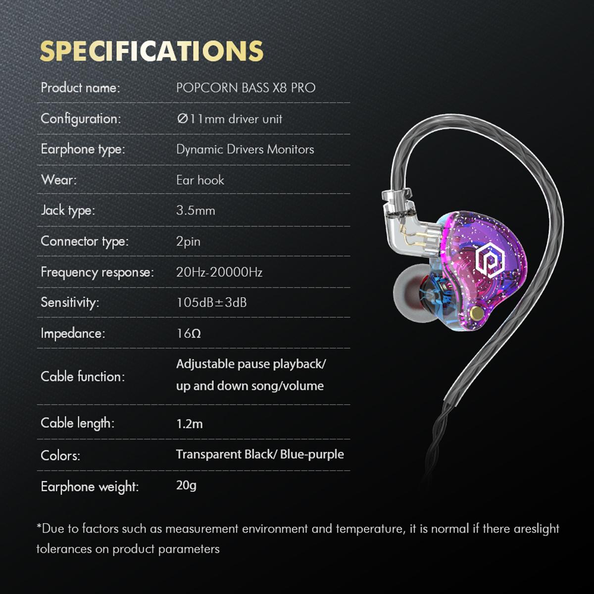 POPCORN BASS X8 PRO  Dynamic in-Ear Gaming Earbuds, HiFi in-Ear Monitors, Deep Bass Sound Wired Earbuds, Gift for Christmas New Year Gifts