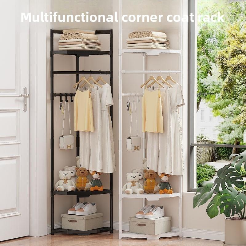 Multifunctional Corner Clothes Rack, Frame Storage Rack, Metal Material, Stainless Steel Finish, Space Saving, Ideal for Bedroom Office Retail, Portable Plastic Accessories