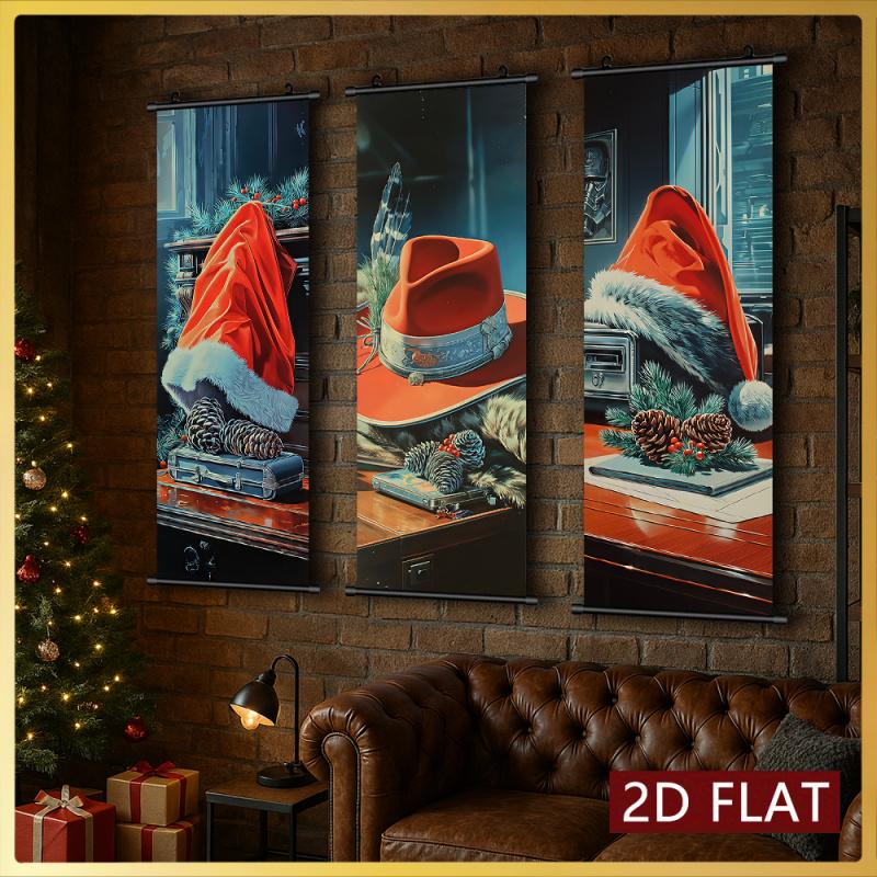 3Pcs Creative Christmas Hat Theme Hanging Scroll Poster Modern Minimalist Home Decor Paintings Odorless And Fade-Resistant Suitable For Bedroom Children'S Room Living Room Study Wall Decoration