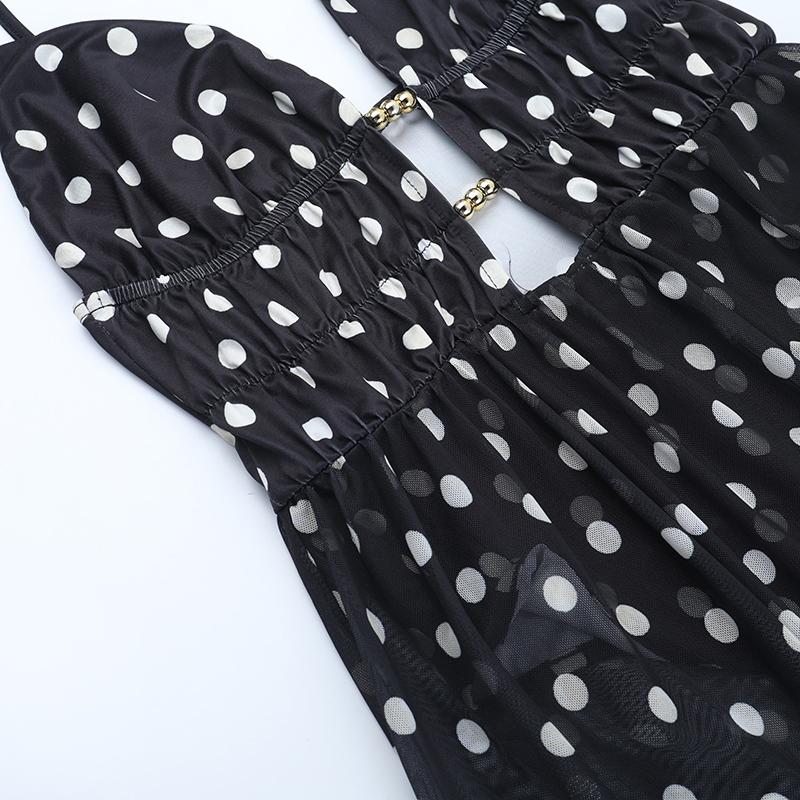 XY25192PFO-Spring Break Outfits, Womens Casual Vacation See-through Mesh Polka Dot Sleeveless Deep-V Neck A-line Spaghetti Strap Long Dress, Holiday Beach Sheer Mesh Dress SpringStatements