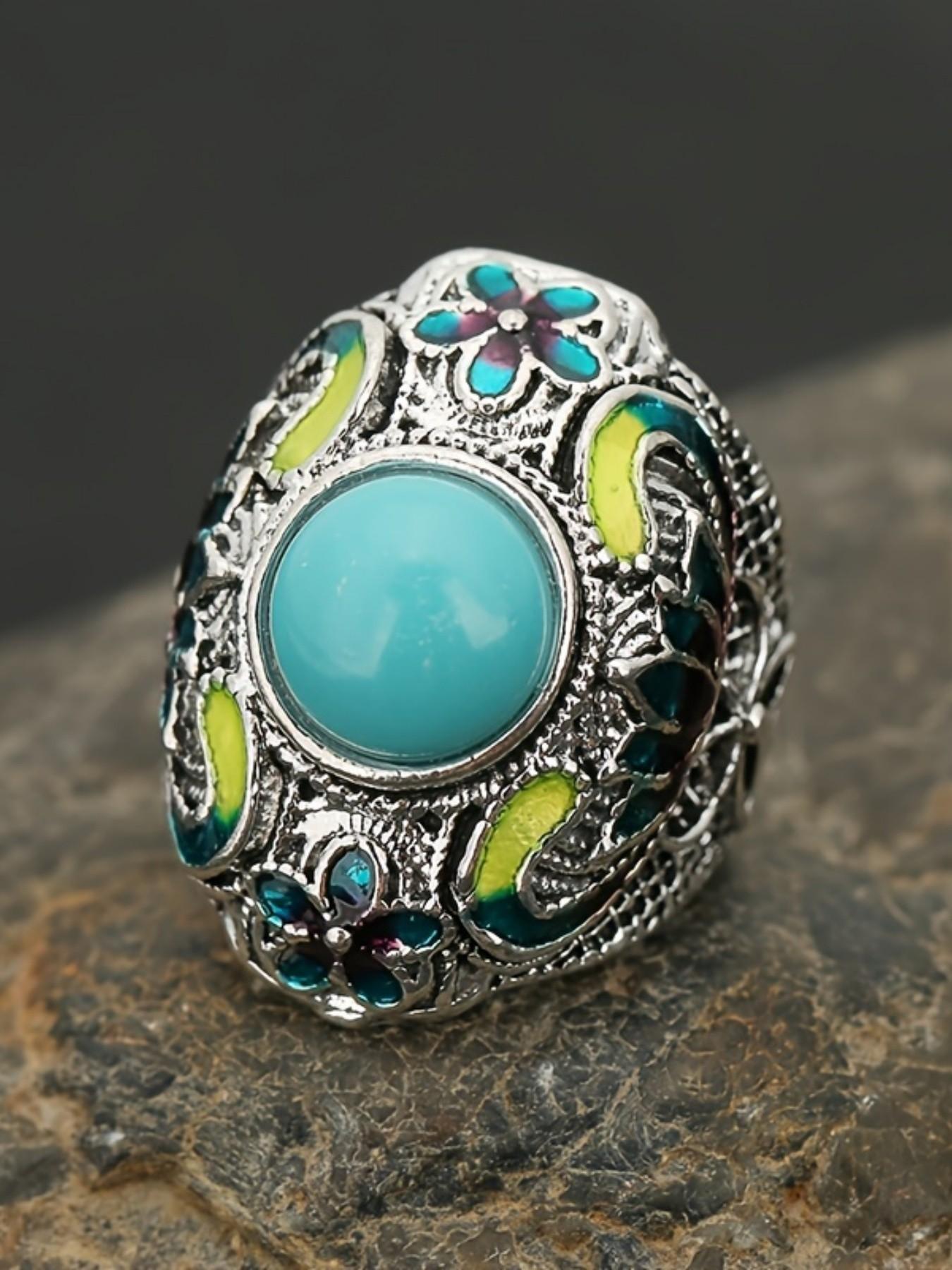 Women's Vintage Elegant Floral Texture Turquoise Ring, Wedding Engagement Party Jewelry Gift, 1pcs Fashion Accessory