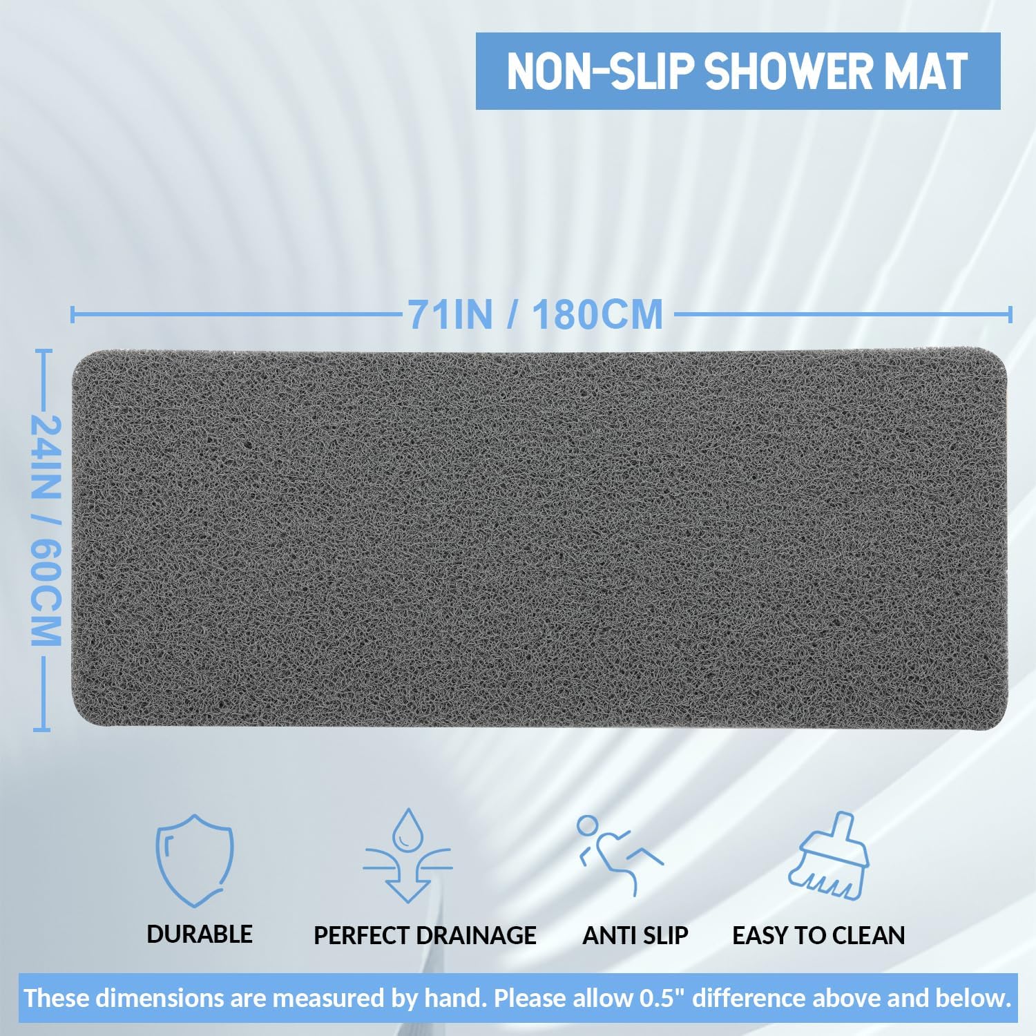 Non-Slip Bathtub Mat, Anti Slip Shower Mat, Fast Drying Bathtub Mats, Foot Scrubber Mat, Anti Slip Mat for Tub, Floor, Bathroom, Kitchen, Home, Hotel (Grey 71"*24")