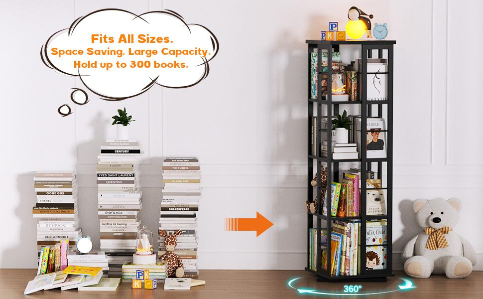 Unikito 4/5/6 Tier Rotating Bookshelf, 360 ° Display Stackable Spinning Bookshelf Tower, Narrow Space Saving Tall Floor Standing Swivel Bookcase Corner Storage Organizer for Bedroom, Living Room, shelves  bedroom