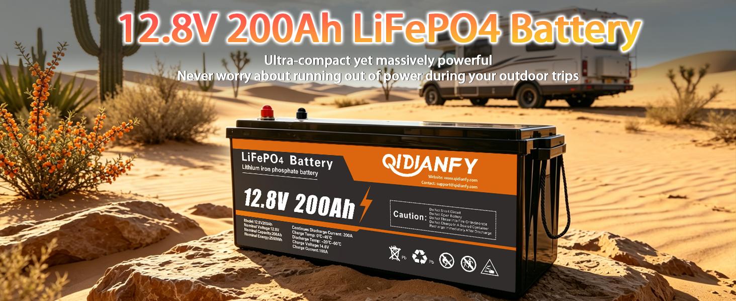 12V 200Ah LiFePO4 Lithium Battery, 200A BMS, 2560Wh Energy, 15000+ Deep Cycles, Ideal for RV, Solar, Home Energy Storage and Off-Grid Camping