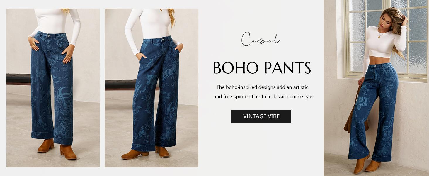 FMEYOA Women's Floral Baggy Wide Leg Jeans Casual High Waisted Boyfriend Vintage Boho Denim Pants with Pockets FMEYOA Women's Floral Baggy Wide Leg Jeans Casual High Waisted Boyfriend Vintage Boho Denim Pants with Pockets