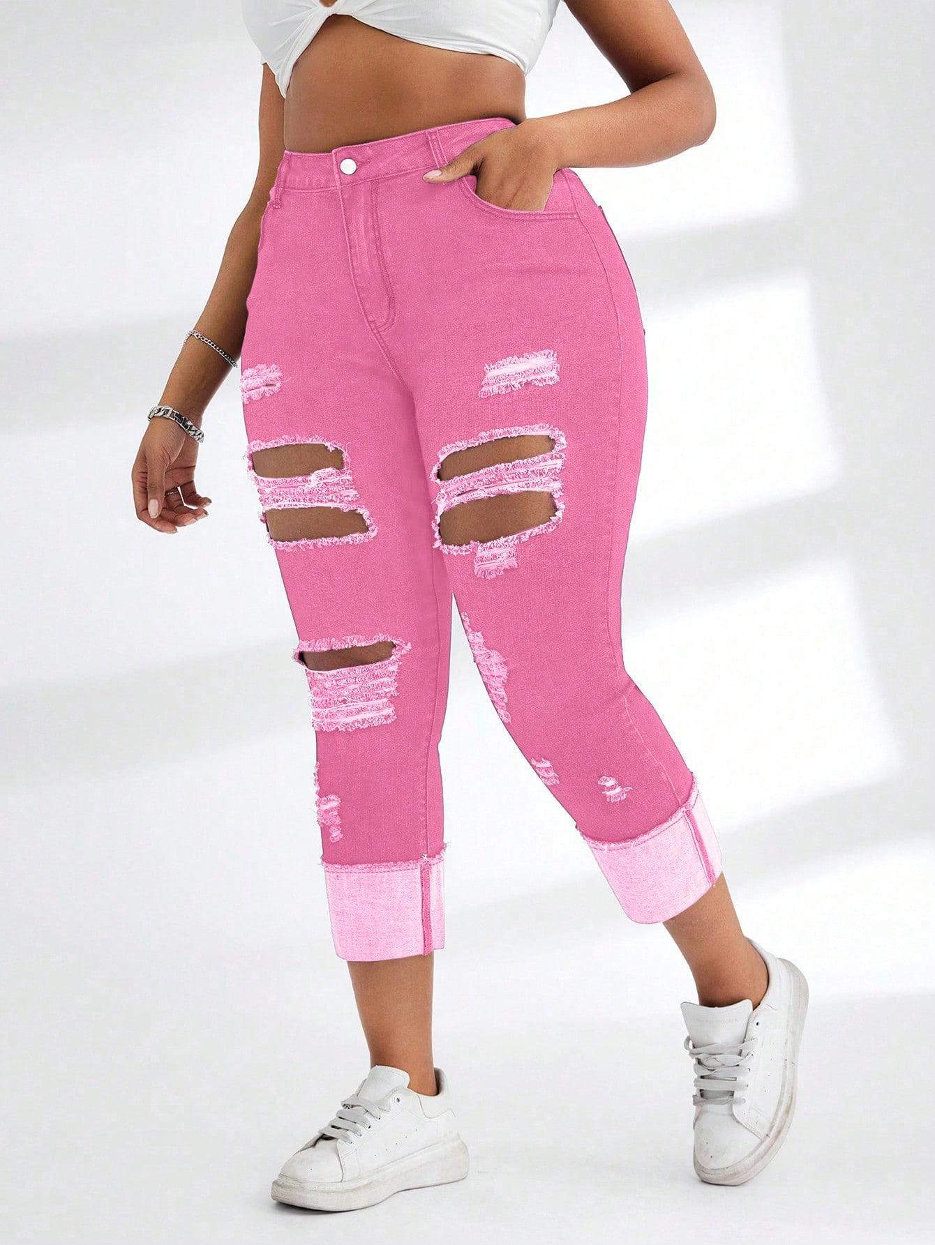 Women's Plus Size Distressed Denim Jeans, Washed Look, Tight Fit Skinny Nine-Quarter Pants, Casual Fashion, Comfortable and Stylish