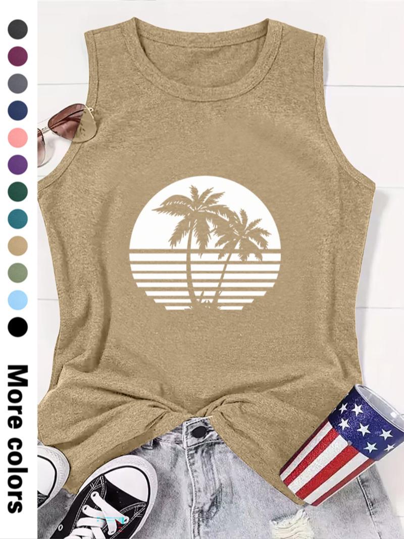 Women's Coconut Tree Print Round Neck Tank Top, Lounge Tank Top, Graphic Top, Casual Sleeveless Top for Beach Vacation Holiday, Ladies Clothes for All Seasons