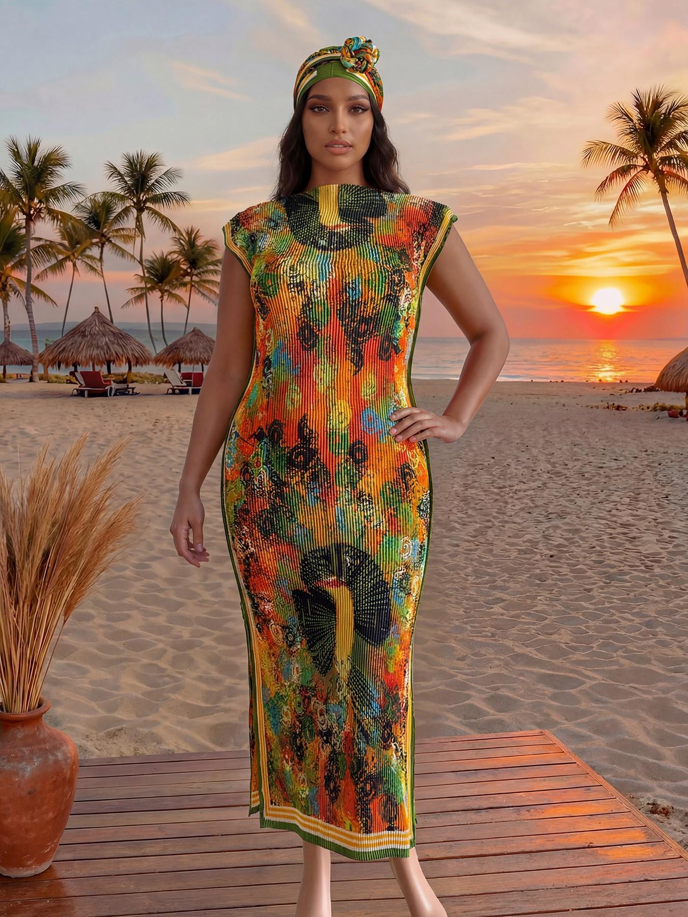 Women's Elegant Animal Print Long Dress Set, Slim-Fitting Moo Moo Skirt & Scarf, Beach Sun Protection Shawl, All Seasons Fashion, Accessory