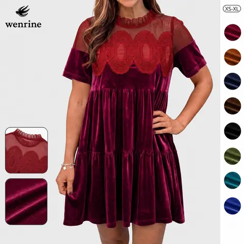 Wenrine Women's Velvet Dresses for Women - Crew Neck, Lace Short Sleeves, Pull On, Fitted A-Line Ruffled Babydoll Mini Dress with Chic Look